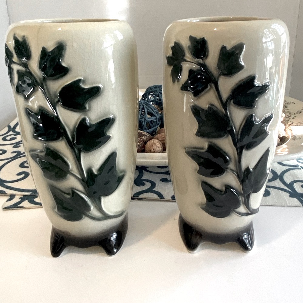 Vintage 1950’s Pair Royal Copley English Ivy Mid-Century Modern Pottery Vases